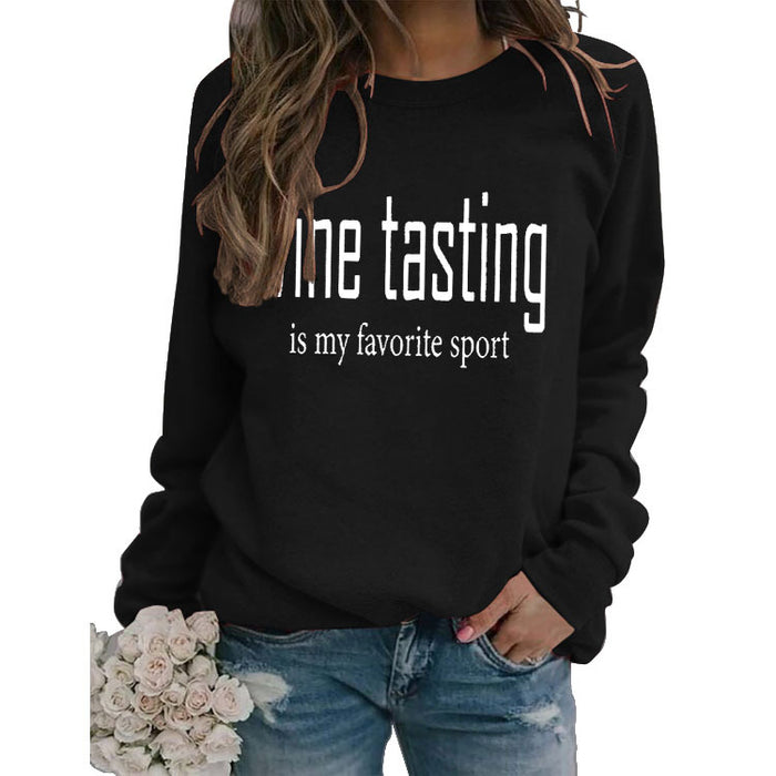 Round Neck Tops Long Sleeve WINE Tasting Print Loose Sweatshirt