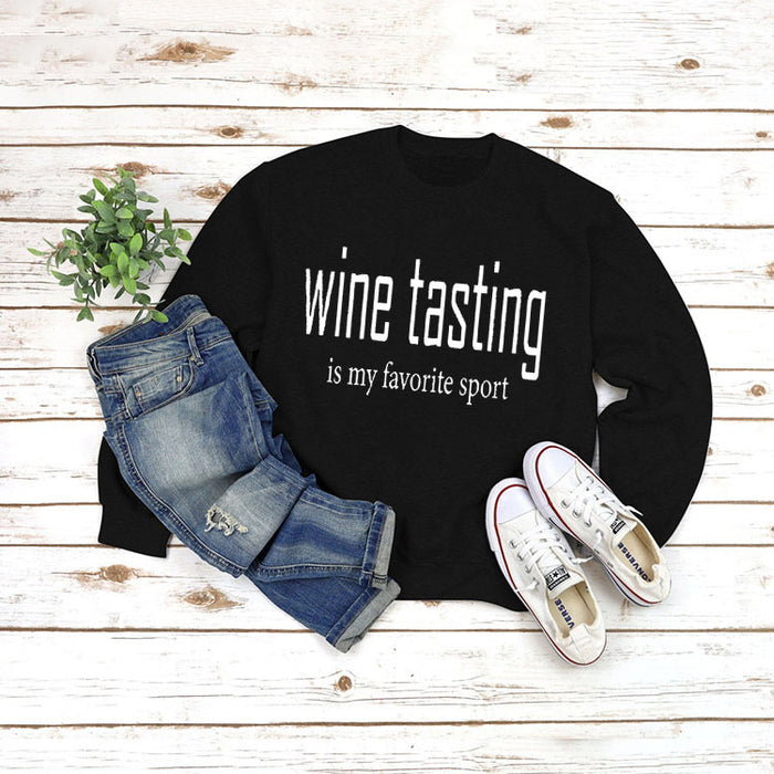 Round Neck Tops Long Sleeve WINE Tasting Print Loose Sweatshirt