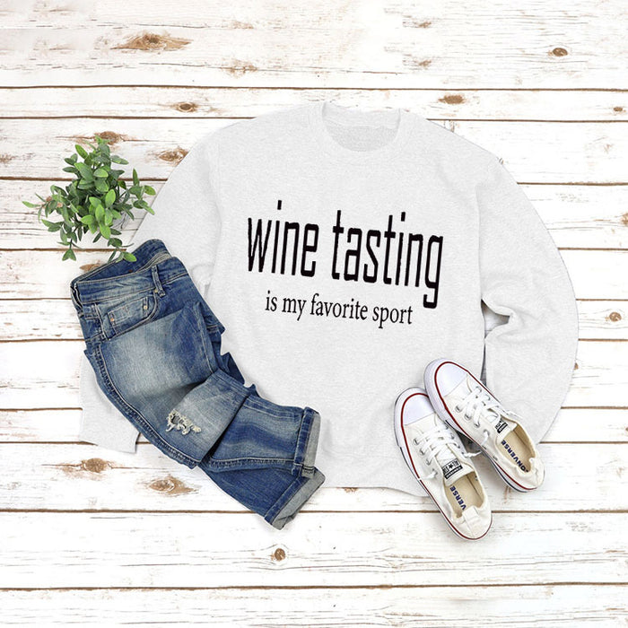 Round Neck Tops Long Sleeve WINE Tasting Print Loose Sweatshirt