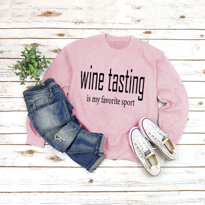 Round Neck Tops Long Sleeve WINE Tasting Print Loose Sweatshirt