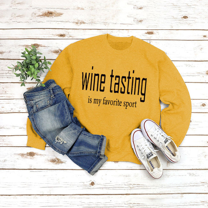 Round Neck Tops Long Sleeve WINE Tasting Print Loose Sweatshirt