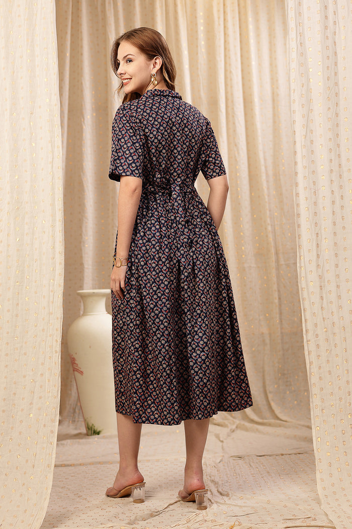 Close Up of Cotton Fabric Detail on Royal Blue Zipless Maternity Lapel Dress with Pockets