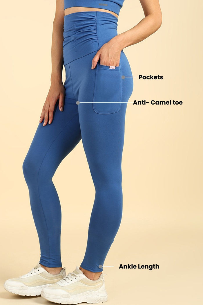 Blue Maternity Legging; supportive section aids gentle core recovery during the postpartum phase.