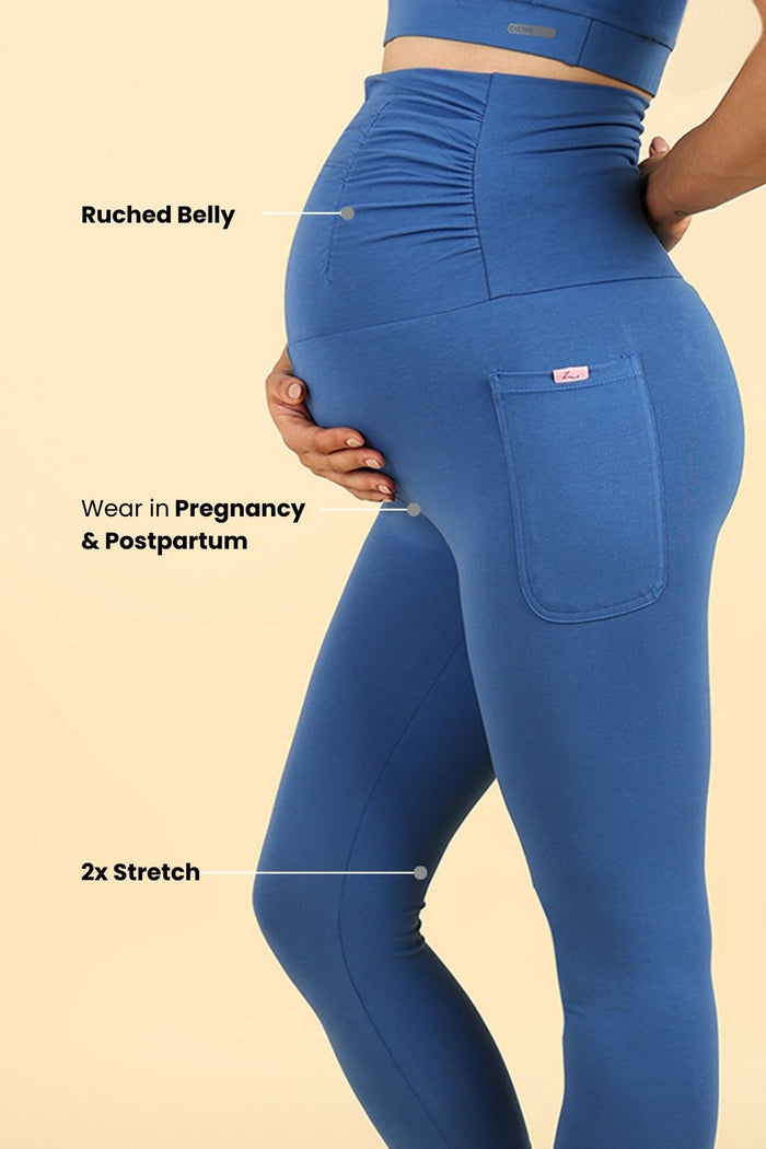 Close up of Cotton Blue Legging; soft texture provides durable stretch and breathable comfort.