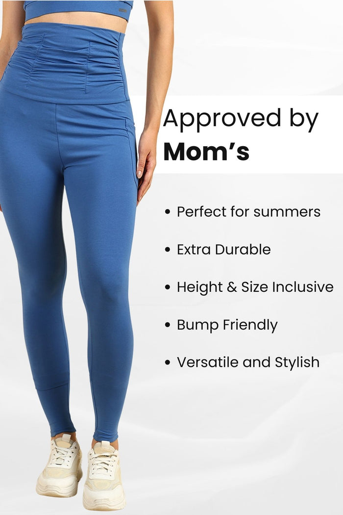 Blue Ruched Legging full length; provides complete leg coverage and comfortable all-day fit.