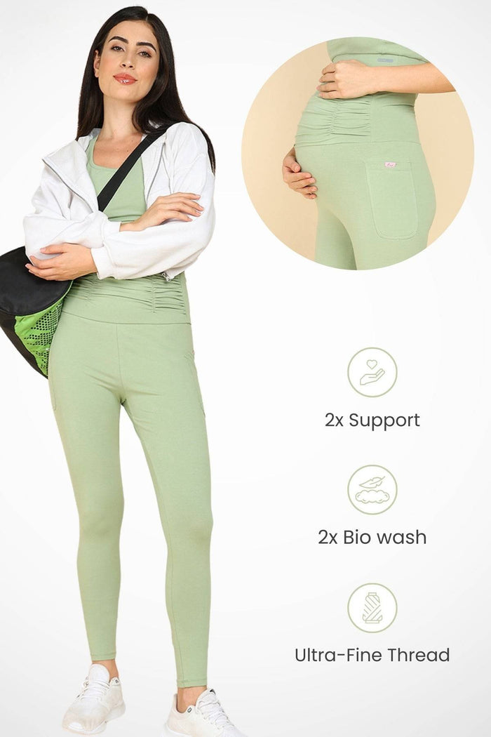 Ruched Cotton Pistachio Green Maternity Legging (Pregnancy & Postpartum)