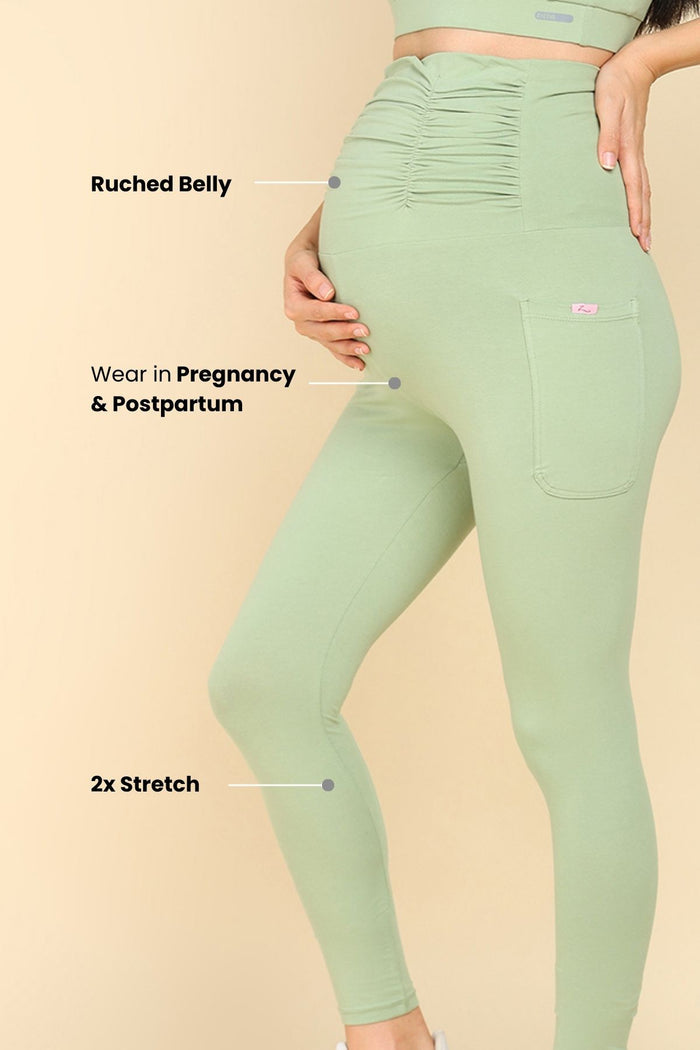 Maternity Ruched Cotton Pistachio Green Maternity Legging (Pregnancy & Postpartum)