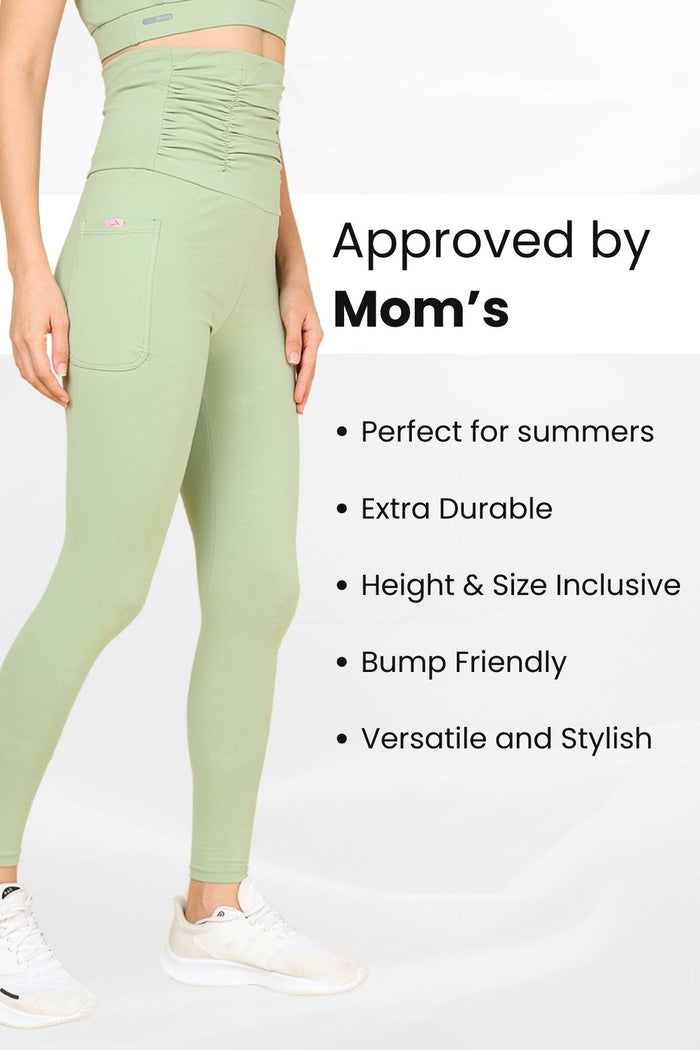 Pregnancy Ruched Cotton Pistachio Green Maternity Legging (Pregnancy & Postpartum)