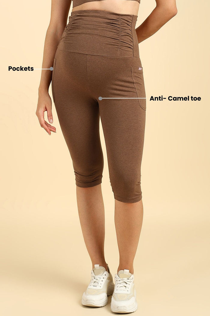 Brown Ruched Capri side ruching; ruching provides comfortable stretch over the hips.