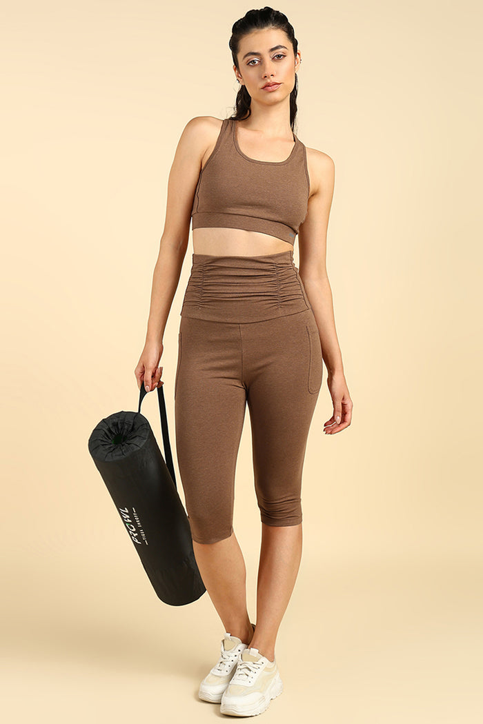 Brown Ruched Cotton Capri; melange material provides comfort for warm weather wear.