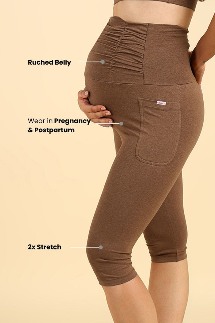 Brown Ruched Capri drawstring; waist cord provides an adjustable fit.