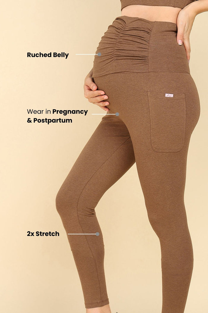 Close up of Cotton Melange Brown Legging; soft texture provides durable stretch and breathability.