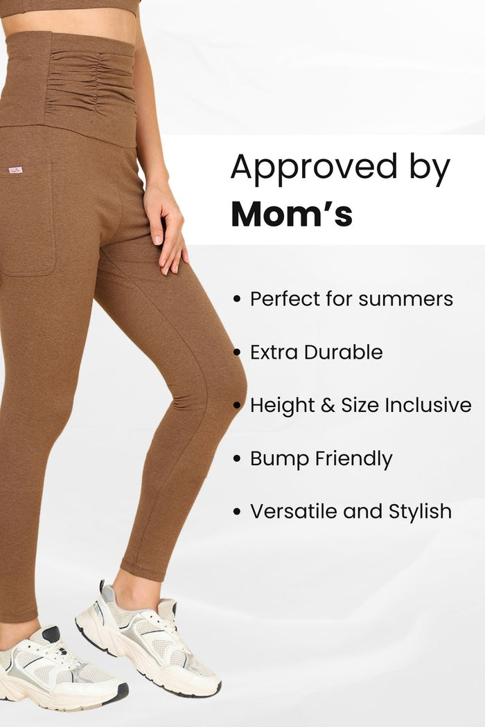 Brown Ruched Legging full length; provides complete leg coverage and comfortable all-day fit.
