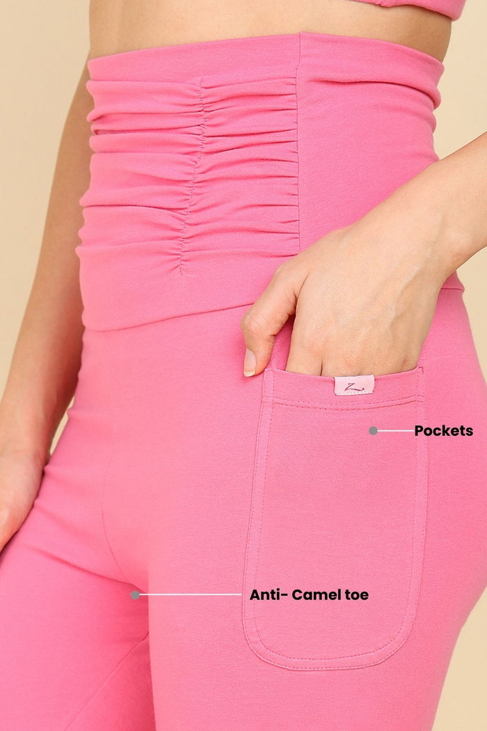 Pink Ruched Capri side ruching; ruching provides comfortable stretch over the hips.