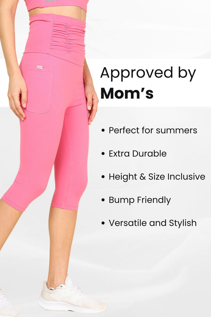Pink Ruched Capri pocket; utility pocket offers storage for small essentials.