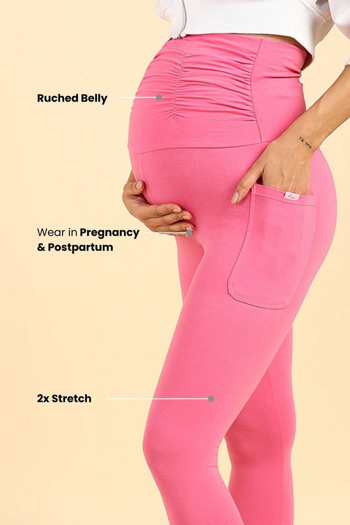 Close up of Cotton Pink Legging; soft texture provides durable stretch and breathable comfort.
