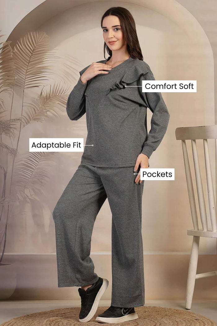 Maternity Ruffled Grey Maternity Nursing Co-Ord Set