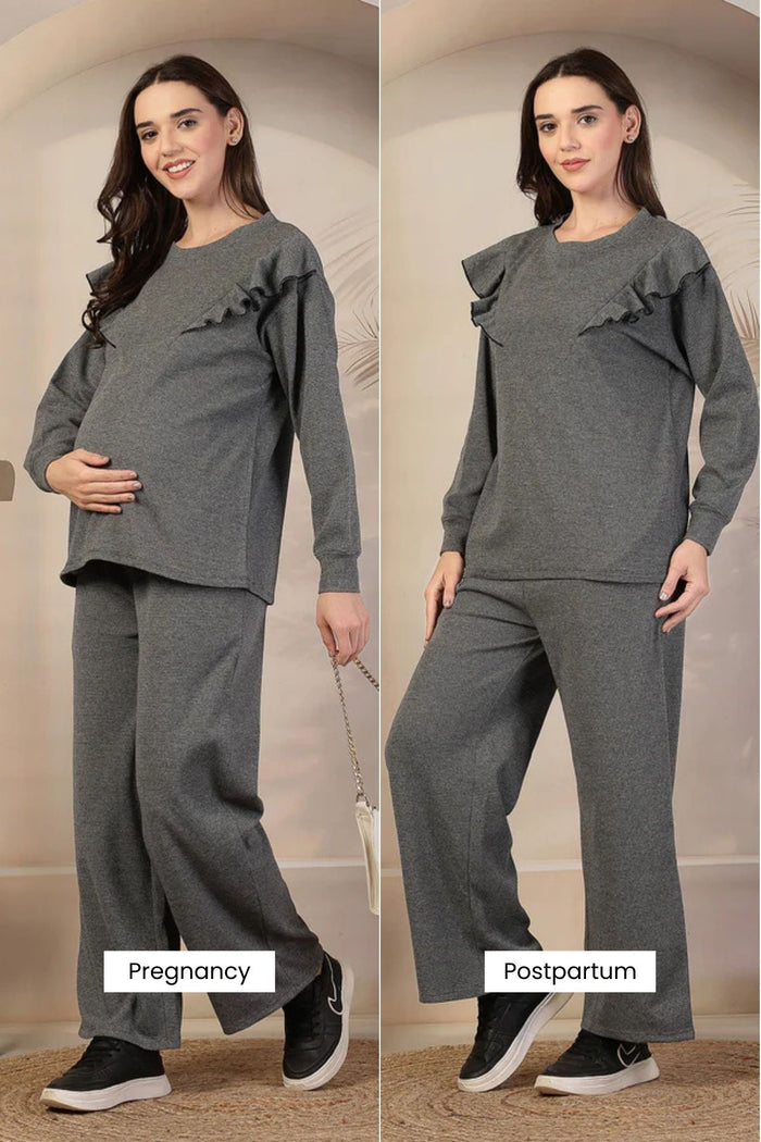 Pregnancy Ruffled Grey Maternity Nursing Co-Ord Set