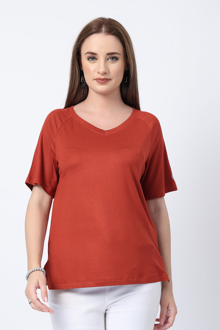 Rust Solid Nursing Top with Side Zip Access in rust made with soft Viscose fabric.