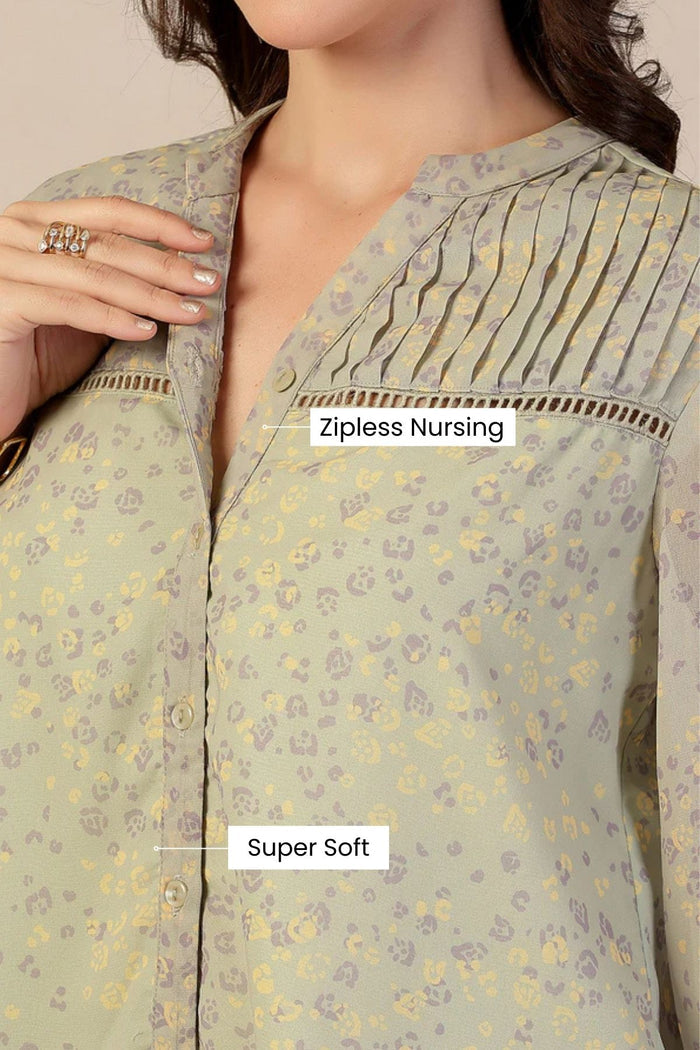 Model wearing Sage Meadow Top; garment provides coverage and fit for a changing body.