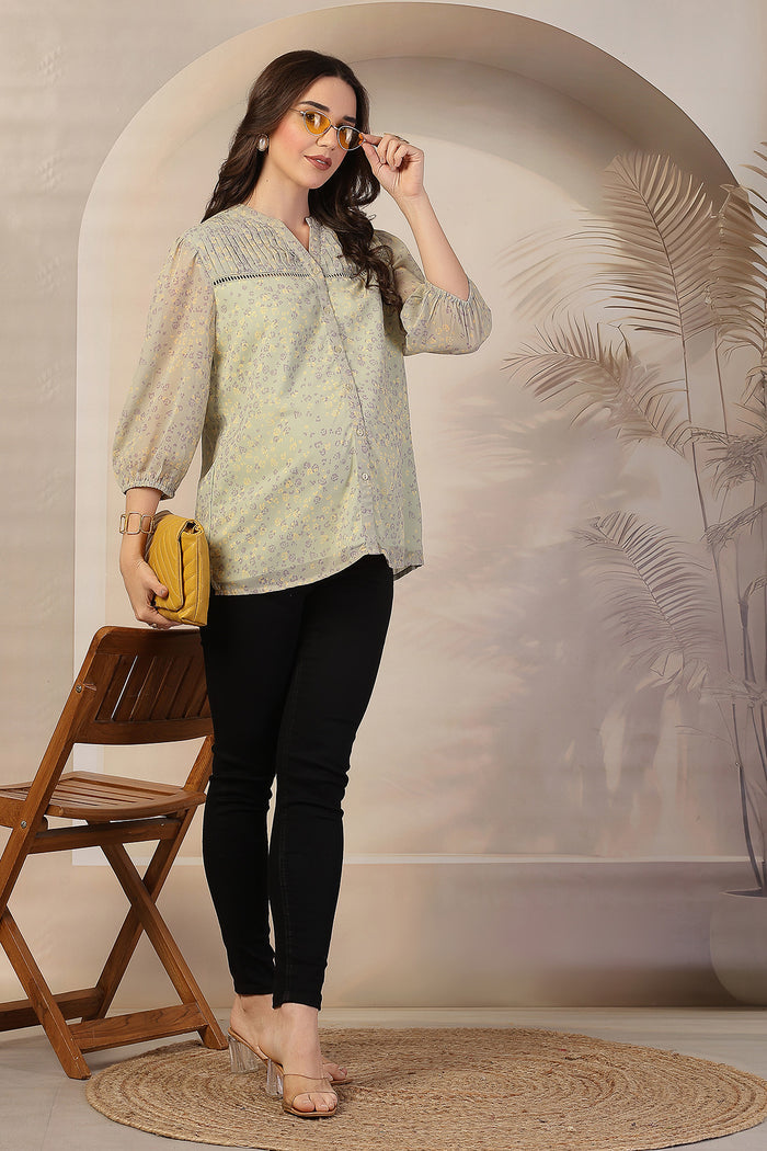 Sage Meadow Top length; covers hips for modesty during pregnancy.