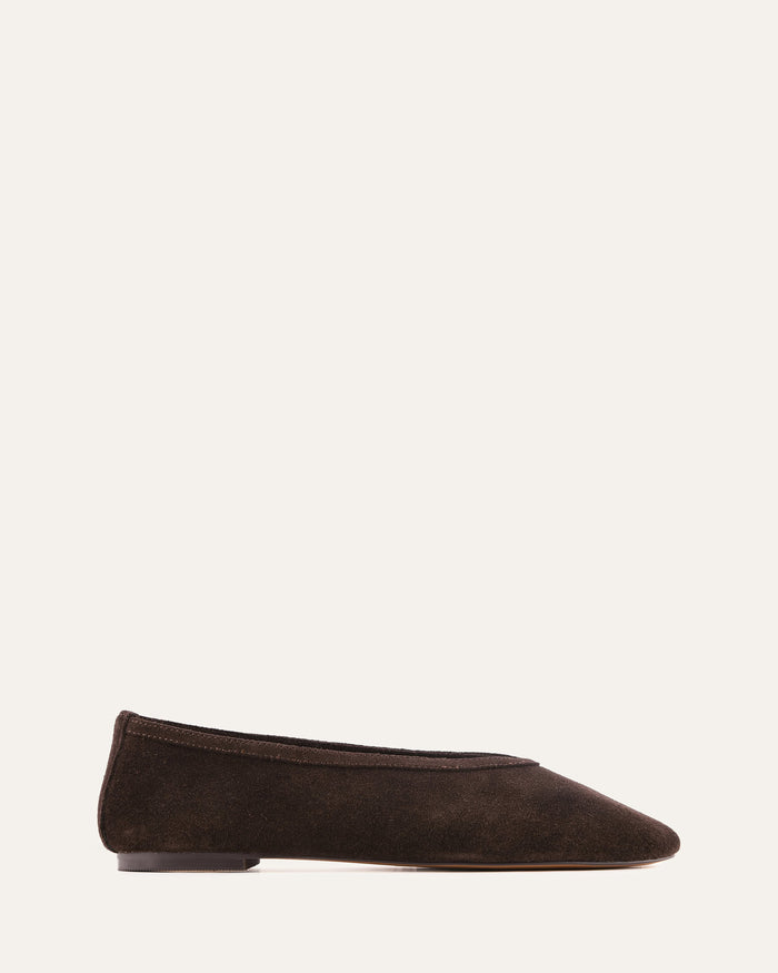 Brown flat shoe on a light beige background