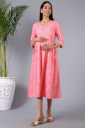 Salmon Splash Maternity Dress with Embroidered Lace and Pocket Front View - Red Cotton Maternity Dress with Feeding