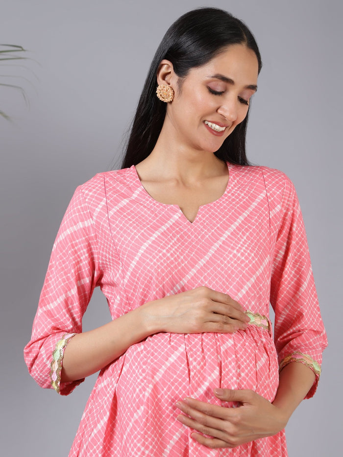 Close Up of Cotton Fabric Detail on Salmon Splash Maternity Dress with Embroidered Lace and Pocket