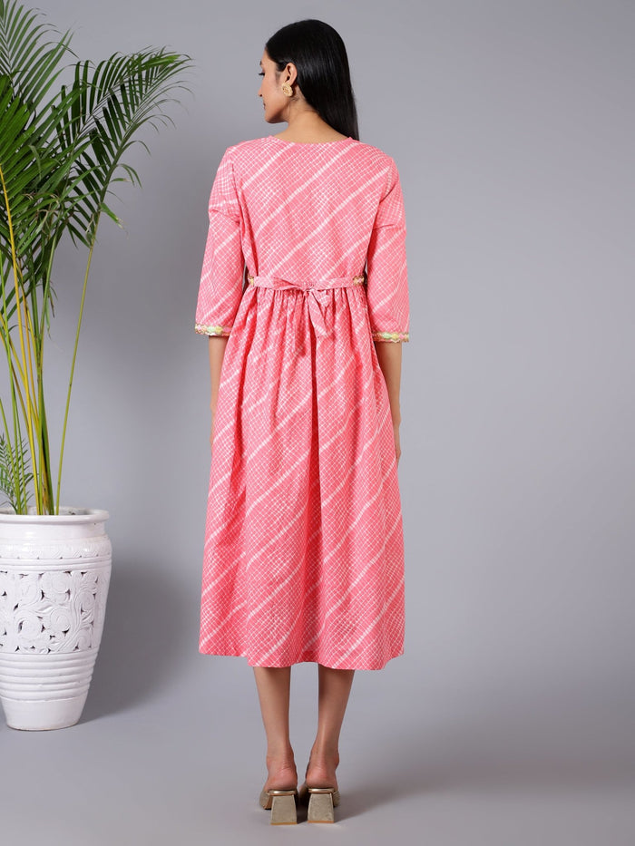 Back View of Salmon Splash Maternity Dress with Embroidered Lace and Pocket - Flattering Silhouette for Pregnancy