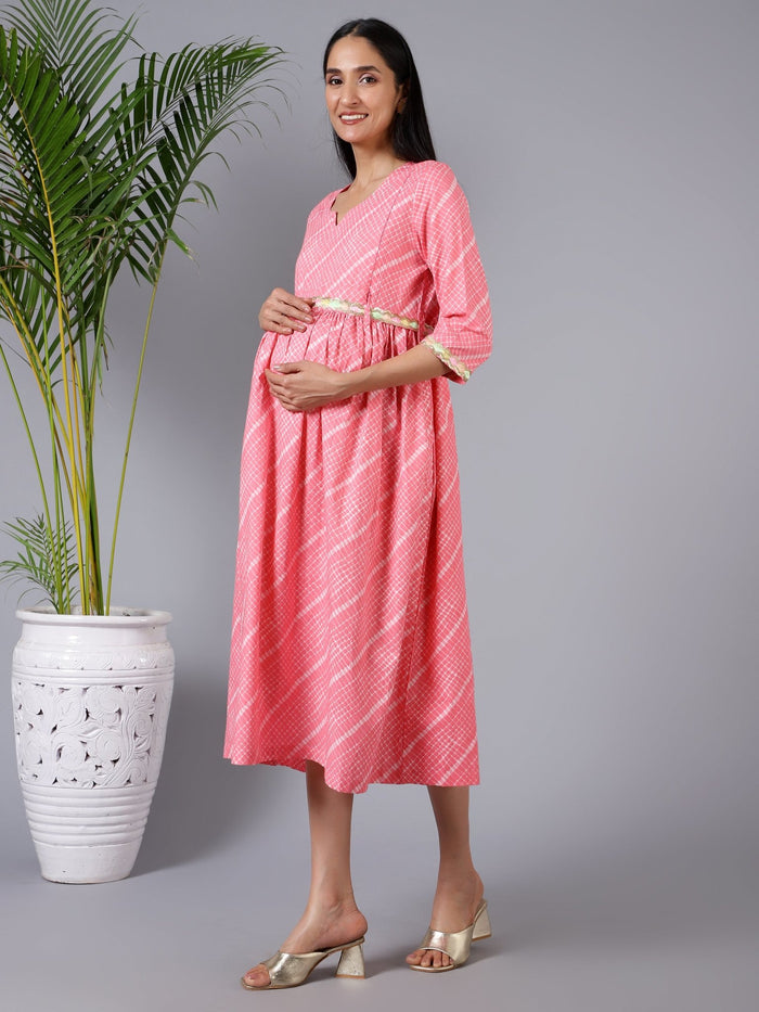 Stylish Red Maternity Wear - Salmon Splash Maternity Dress with Embroidered Lace and Pocket for New Moms