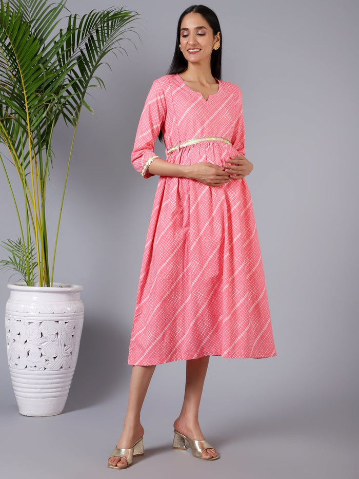 House of Zelena Salmon Splash Maternity Dress with Embroidered Lace and Pocket - Trusted by Mothers for Quality