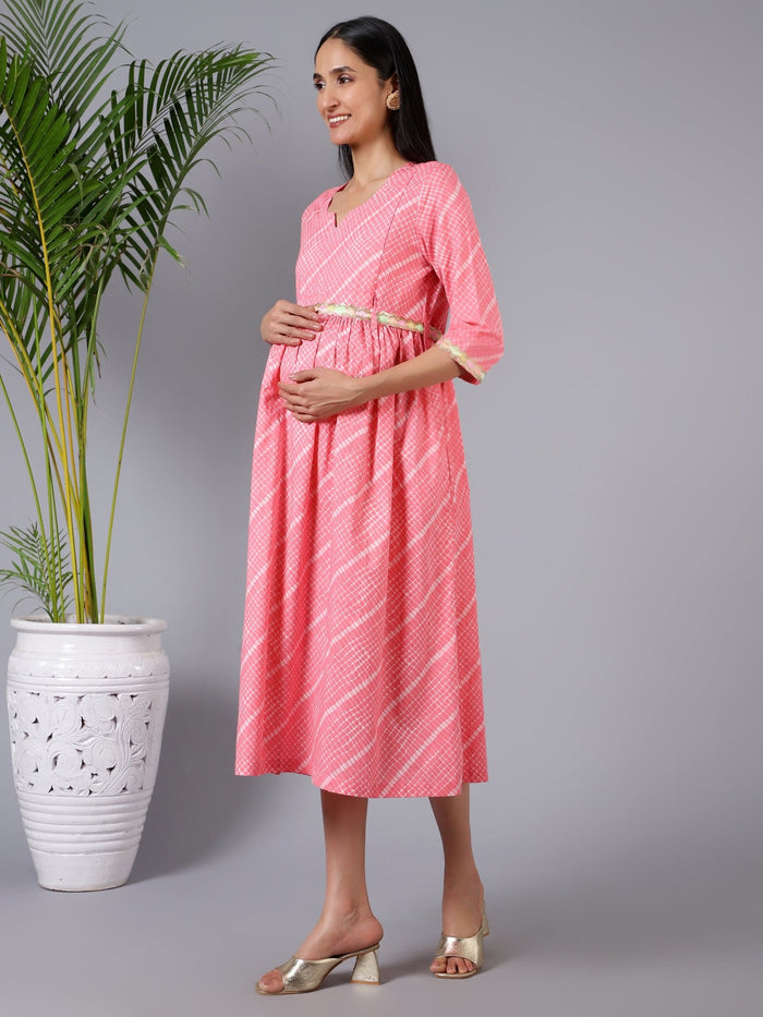 Soft Cotton Texture of Salmon Splash Maternity Dress with Embroidered Lace and Pocket - Breathable & Comfy