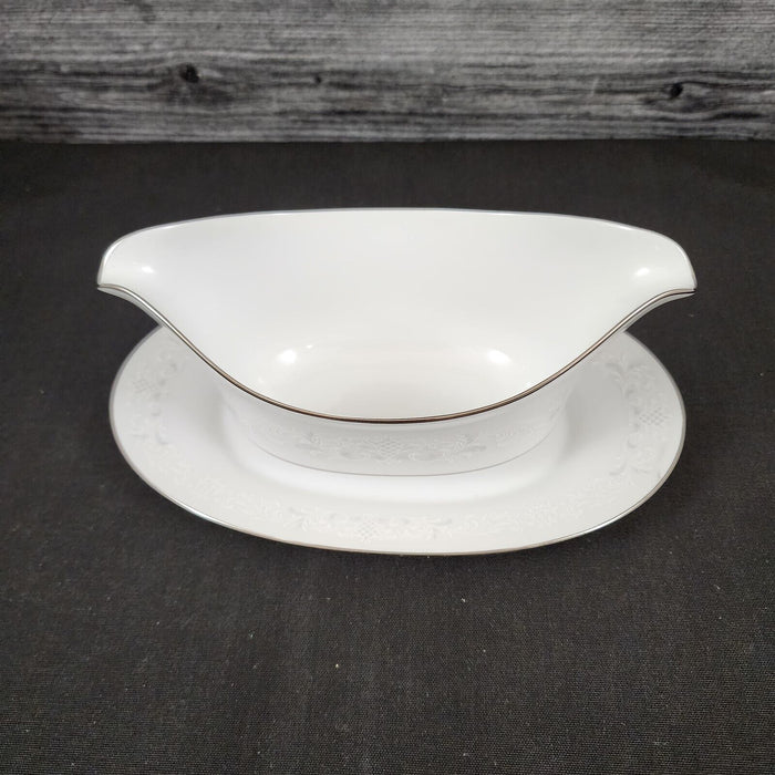 Sango Florence Gravy Boat with Attached Under Plate Gray Scrolls Japan 3646