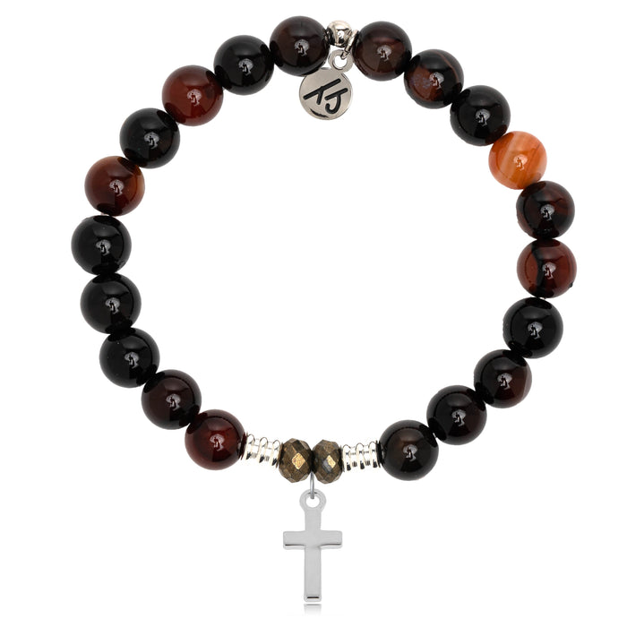 Sardonyx Stone Bracelet with Cross Sterling Silver Charm