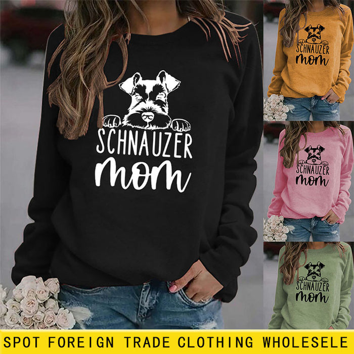 SCHNAUZER MOM Round Neck Letter Women's Sweatshirt Print Loose Long Sleeve