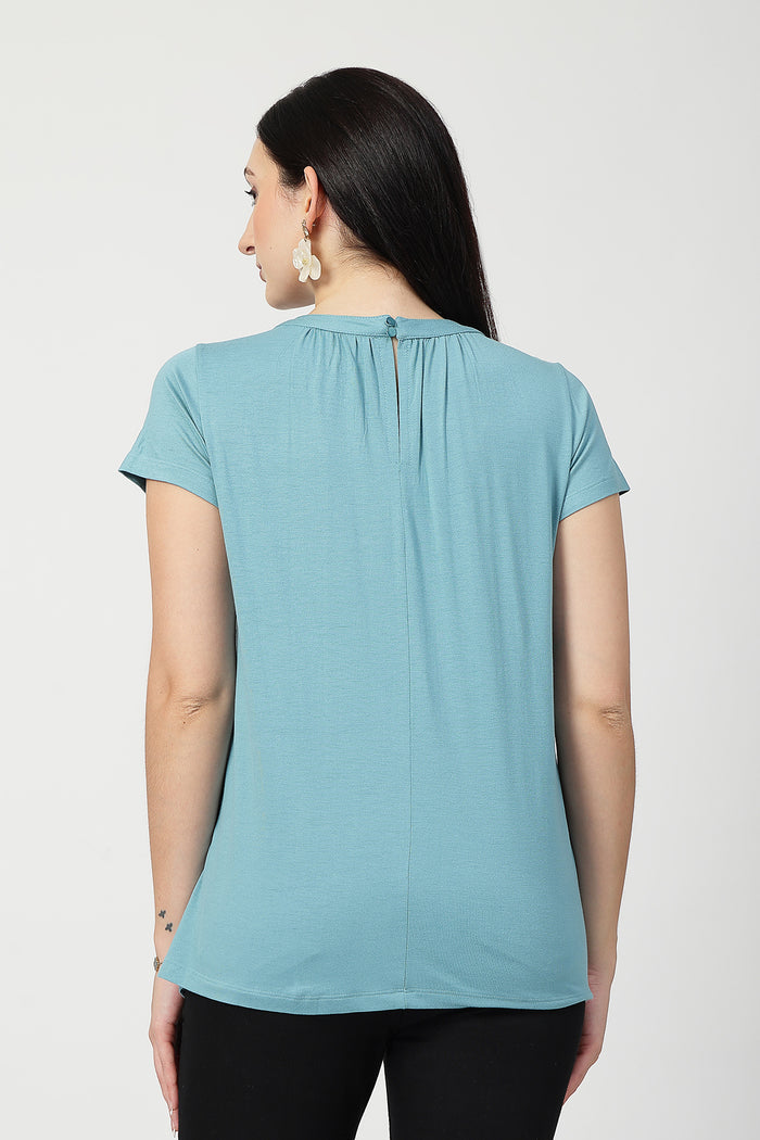 Close-up of light-sea-green Maternity Tops showing Zipless for easy nursing access.