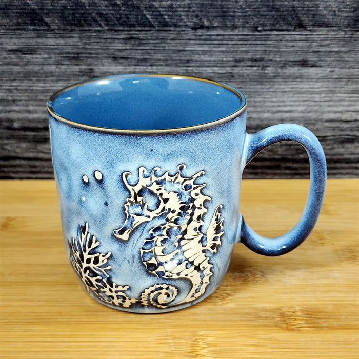 Seahorse Coffee Mug Marine Ocean Coral Life Cup 18oz Blue Sky Ceramic Embossed