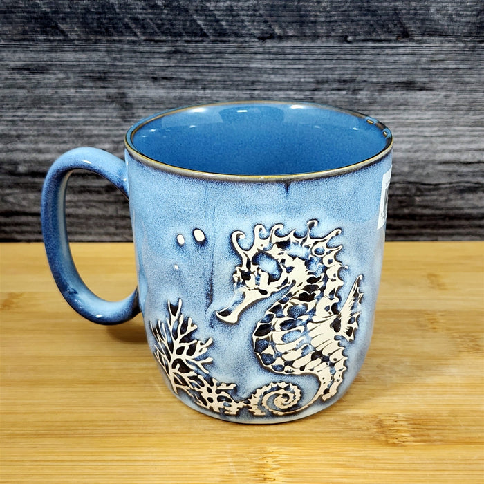 Seahorse Coffee Mug Marine Ocean Coral Life Cup 18oz Blue Sky Ceramic Embossed