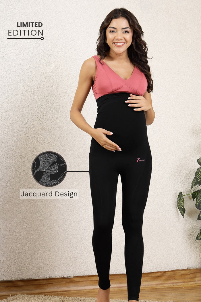Model wearing Black Floral Legging; garment provides full coverage and shaping support.