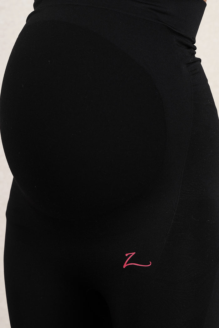 Black Floral Legging Fabric; 4-way stretch adapts to a changing body size.