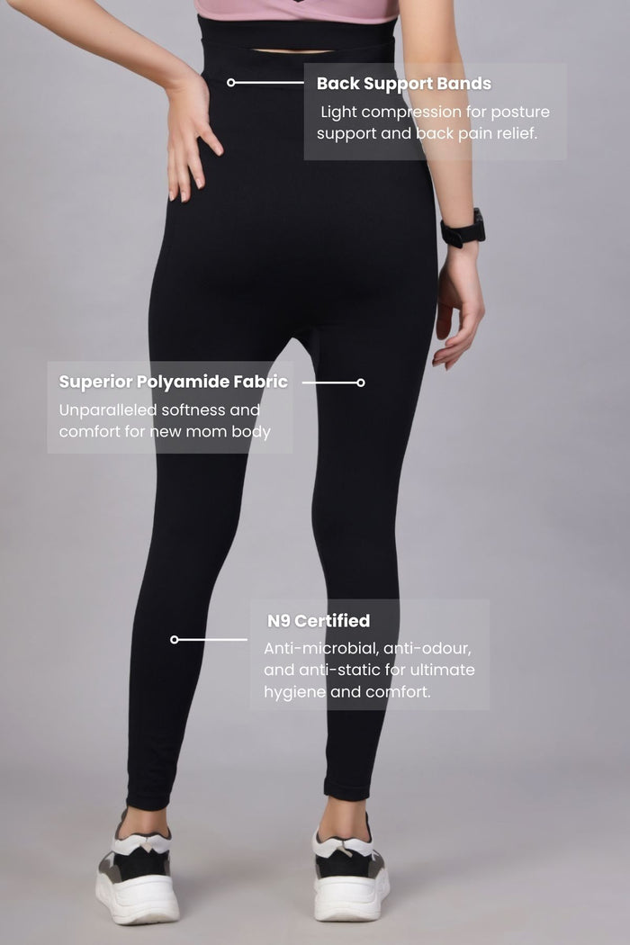 Black Leggings fabric; seamless knit reduces friction and ensures comfort.
