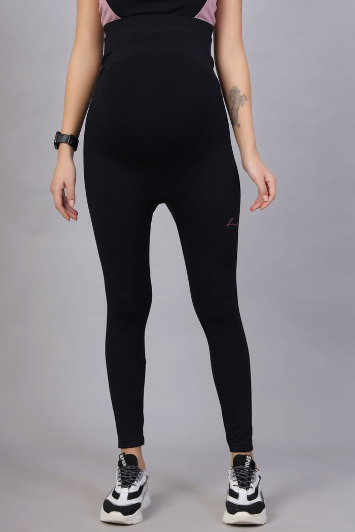 Black Maternity Leggings; suitable for pregnancy and postpartum recovery wear.