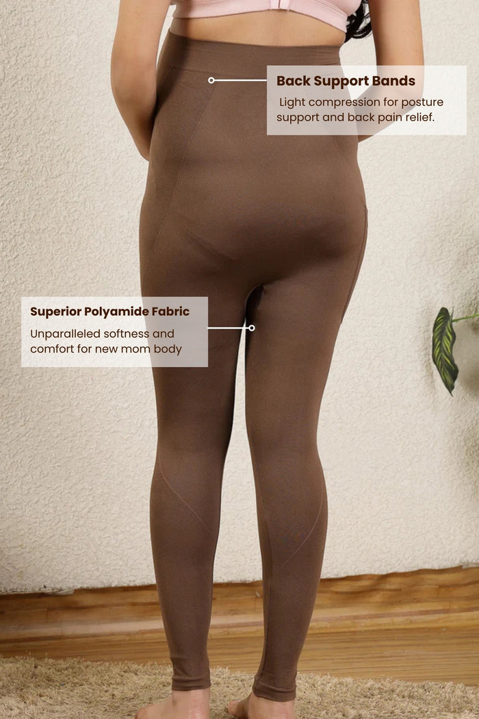 Brown Legging bump panel; adaptable support provides comfort for the abdomen.