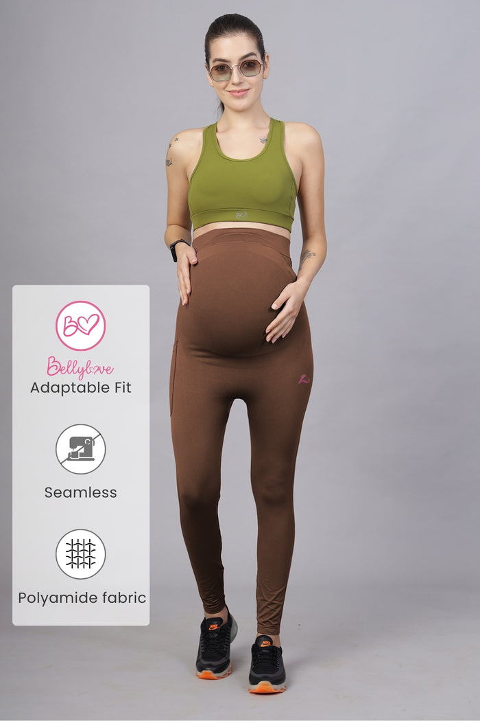 Model wearing Brown Legging; garment provides full coverage and shaping support.