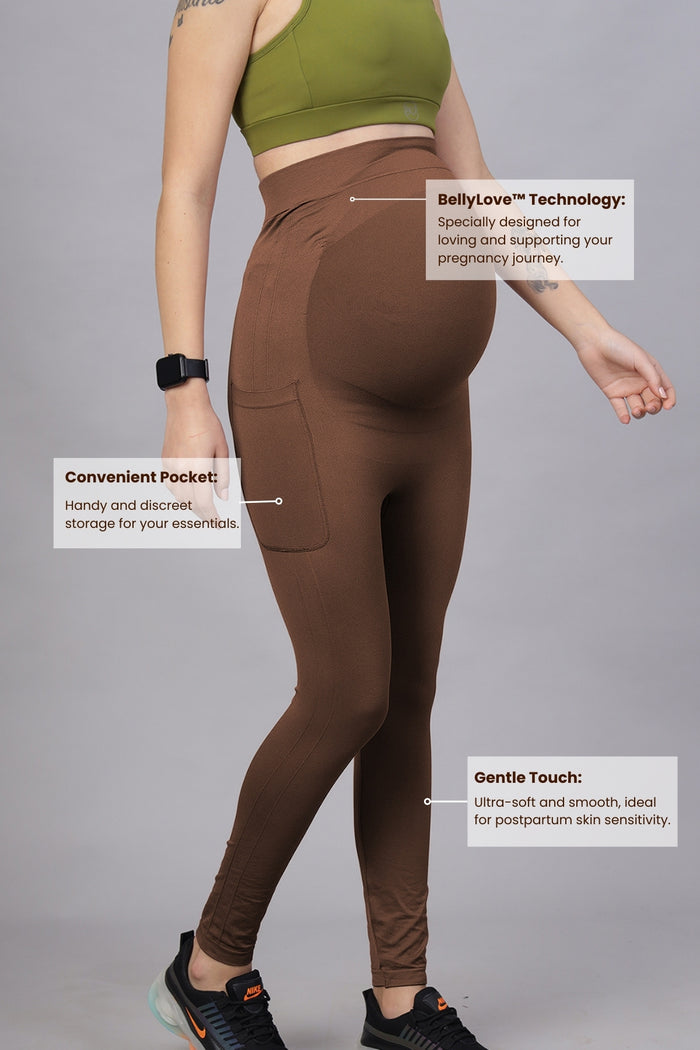 Model in Brown Legging; bump panel provides stretch and comfort during all stages.