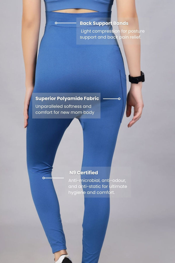 Model wearing Federal Blue Leggings; seamless design ensures smooth look.