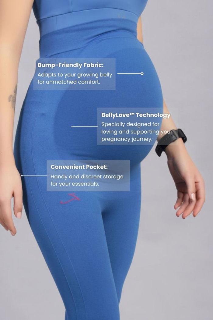 Federal Blue Leggings bump panel; panel provides support and adaptable fit for growing body.