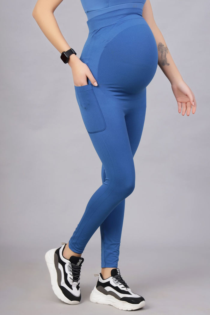 Federal Blue Leggings; leggings support abdomen during postpartum recovery.