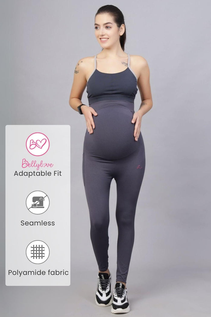 Model wearing Grey Leggings; seamless design ensures smooth look.
