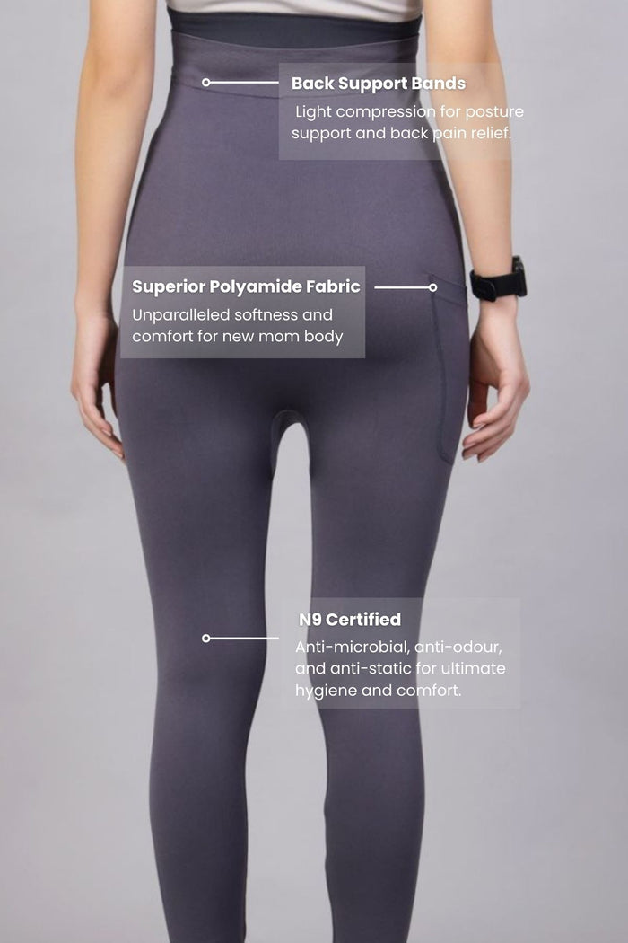 Grey Leggings bump panel; panel provides support and adaptable fit for growing body.